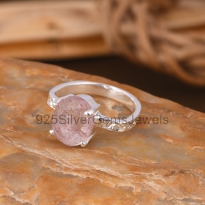 Oval Cut Strawberry Quartz Ring, 952 Sterling Silver Gemstone Ring, Handmade Ring, Quartz Statement Ring, Unique D Shape Band Ring, Gift