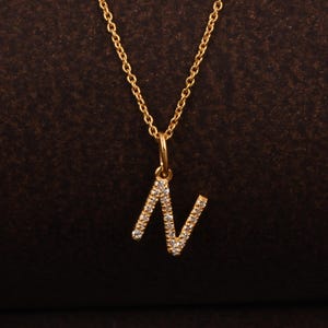Colgante y collar con el alfabeto N delicado en oro macizo de 14 quilates, dije de diamante natural, regalo para ella, amor, novias, esposa y Navidad.