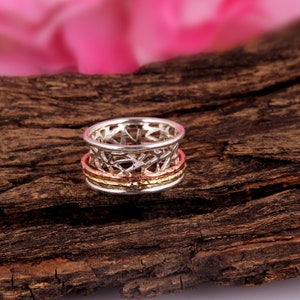 925 Silver Spinner Ring, Three Tone Spinning Ring, Meditation Ring, Boho Spinner Jewelry, Fidget Band Ring, Thumb Ring, Worry Ring for Gifts