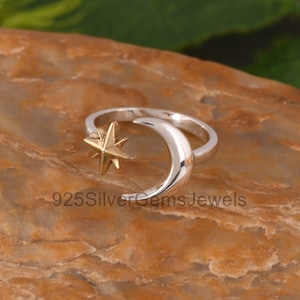 HANDMADE Mond Sterne zweifarbigen Ring, verstellbare Ring, Antike Ring, Silber Zarte Mondsichel Charm Ring, Designer Ring, Universal Ring.
