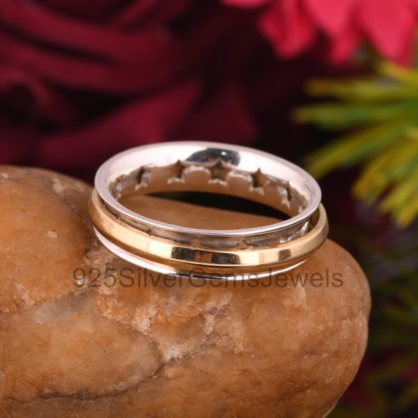 Spinner Ring, Antique Two Tone 925 Sterling Silver Star Patterned Spinning Ring, Fidget Meditation Ring, Best Selling Ring, Worry Ring, Gift