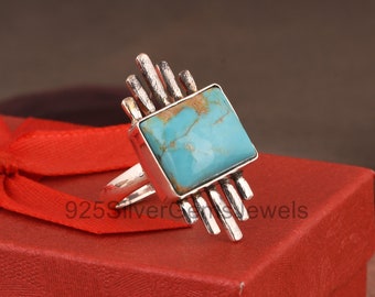 925 Solid Silver Handmade Ring With Kingman Turquoise Gemstone, Square Ring, Genuine Turquoise Ring, Vintage Ring, Attractive Ring For Women