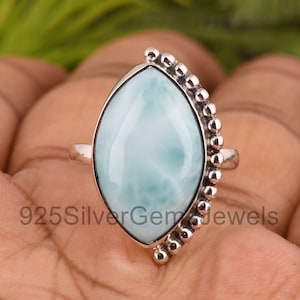 Echte Larimar-edelsteenring, handgemaakte ring, unieke edelsteenring, 925-statementring, opvallende ringen voor bruiloft.