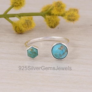 Anillo abierto turquesa, anillo bohemio ajustable con piedras preciosas hexagonales y redondas, anillo abierto con doble piedra turquesa.