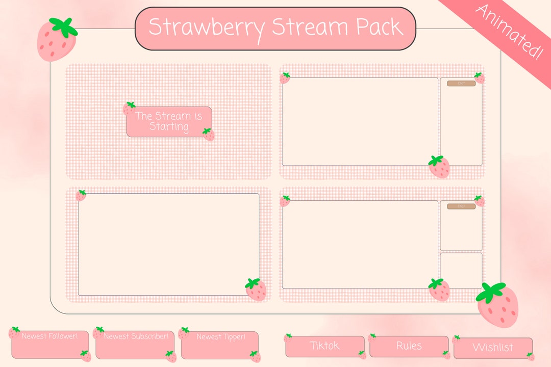 Animated Strawberry Gingham Twitch Aesthetic Bundle | Overlay | Panels ...