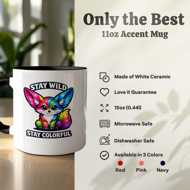 Colorful fox on white mug with black interior, "Stay Wild Stay Colorful" text.