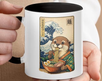 Kawaii Ramen Otter Mug, Japanese Wave Art, Ukiyo-e Inspired Soup Lover Coffee Cup