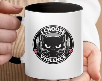 I Choose Violence Cat Mug | Funny Goth Black Cat Knife Coffee Cup | Sarcastic Dark Humor Kitty Gift for Edgy Friend | Alternative Aesthetic