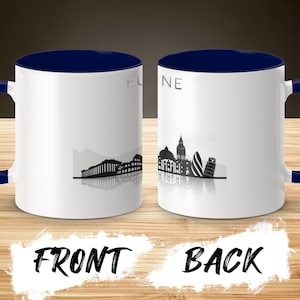 European landmarks skyline mug, perfect gift for travelers, elegant black and white design, dishwasher safe, ideal souvenir