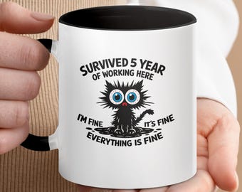 5 Year Work Anniversary Mug, Funny Cat Office Coffee Cup, Coworker Gag Gift