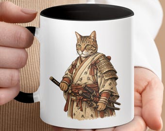 Samurai Cat Mug, Warrior Feline Katana Japanese Art, Tabby Cat Lover Gift