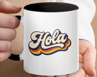 Retro Hola Mug, 70s Groovy Coffee Cup, Spanish Greeting Ceramic Tea Lover Gift