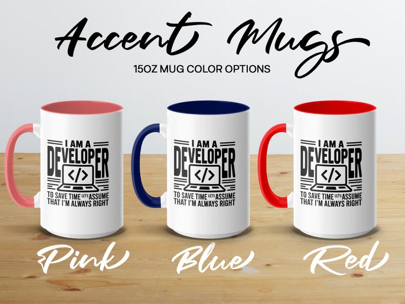 Three accent mugs with "Developer" text and computer icon, in pink, blue, and red.