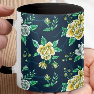 Floral Mug, Yellow Roses Mug, Flower Coffee Cup, Vintage Rose Pattern Mug, Botanical Floral Print, Spring Flower Mug, Rose Garden Mug