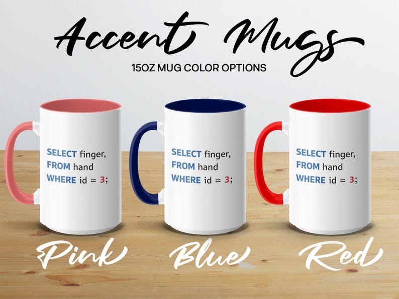 Three 15oz accent mugs in pink, blue, and red with coding text.