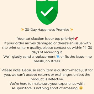30 Day Happiness Promise, Satisfaction Guarantee, Customer Service Policy, Return Exchange, Green Checkmark Shield for all products