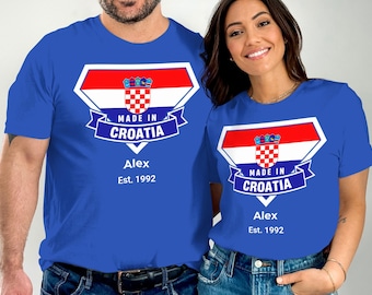 Camiseta personalizada del orgullo croata con nombre personalizado y año de nacimiento. Camiseta croata personalizable, regalo familiar.