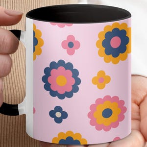 Floral Pattern Mug, Retro Flowers Coffee Cup, Vintage Design Tea Mug, Colorful Flower Power Mug, Unique Gift for Her, Cute Mugs