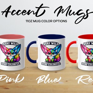 Pink, blue, and red accent mugs with "Stay Wild Stay Colorful" design.