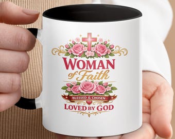 Woman of Faith Mug, Pink Roses Cross Design, Blessed Chosen Loved by God