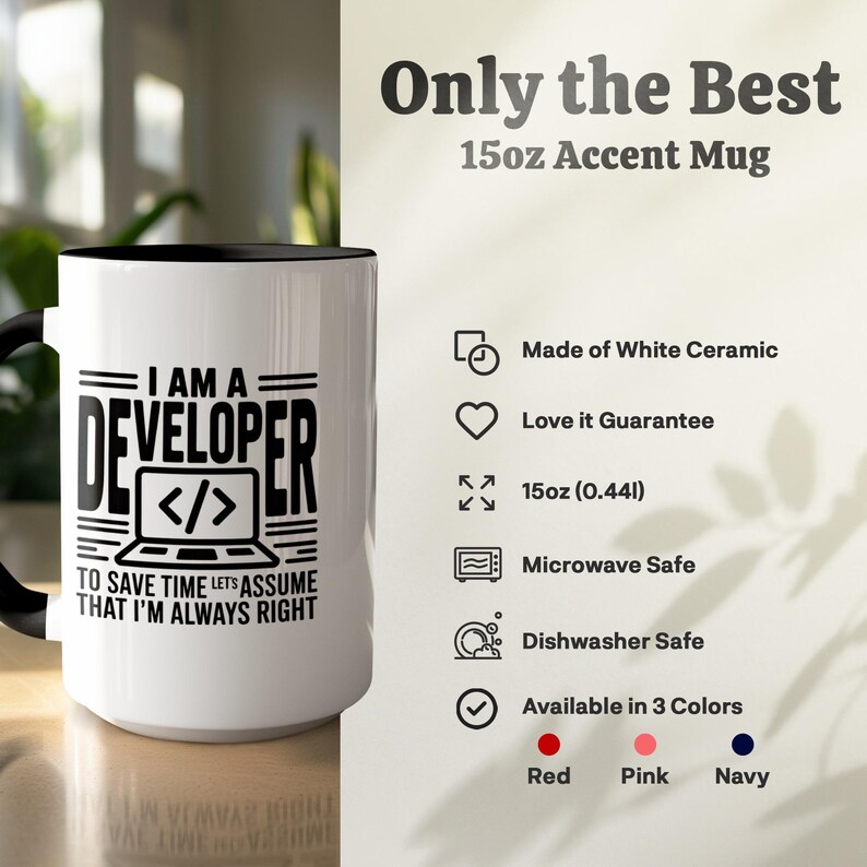 White ceramic mug with "I AM A DEVELOPER" text and red interior.
