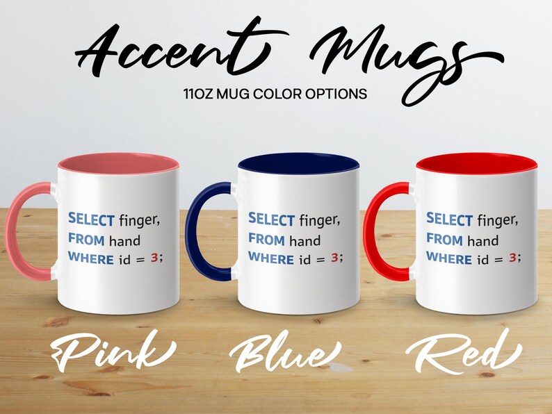 Three accent mugs in pink, blue, and red with programming text.