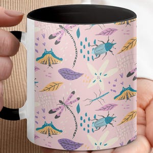 Boho Insect and Dragonfly Mug, Nature-Inspired Coffee Cup, Botanical Aesthetic Gift, Available in Black, Dark Blue, Red, Pink, and Light Blu