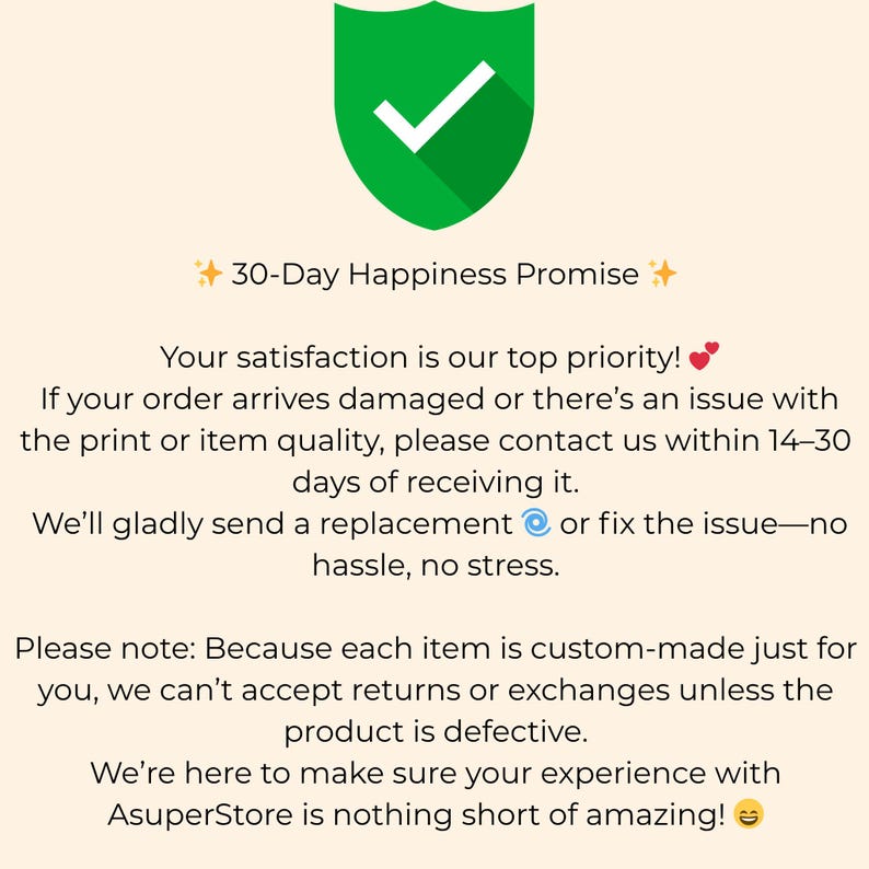 30-Day Happiness Promise: satisfaction guarantee, return policy, and contact information.