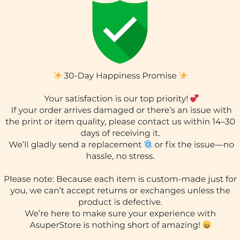 30-Day Happiness Promise with custom-made item policy details.