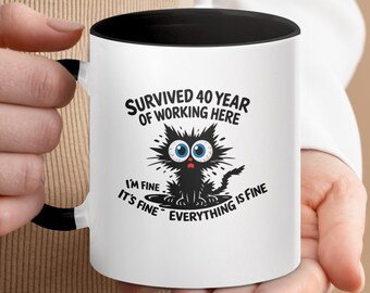 40 Year Work Anniversary Mug, Stressed Cat Coffee Cup, Retirement Gift for Coworker
