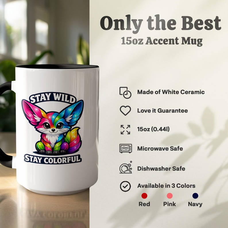 White ceramic mug with colorful fox art and "Stay Wild, Stay Colorful" text.