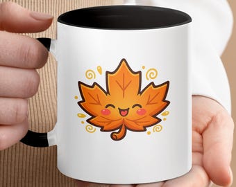 Happy Maple Leaf-koffiemok, kawaii keramische herfstbeker, cadeau Thanksgiving-leraar