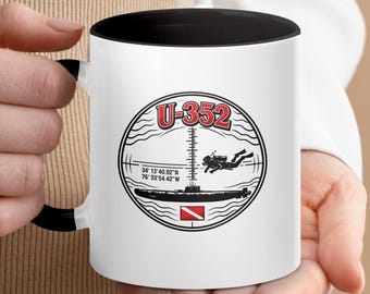 U-352 duikbeker onderzeeër wrak, nautische koffiekop WO II, geschiedenis duiker (11 oz, 15 oz)