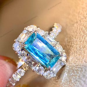 Paraiba Tourmaline Ring*Baguette Cut Neon Blue Paraiba Tourmaline Halo Ring*neon tourmaline paraiba ring vintage*Paraiba ring platinum