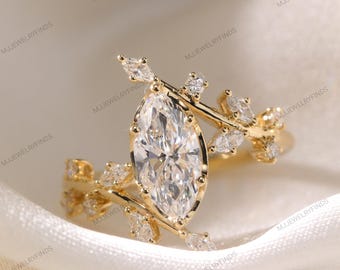 Anillo con acento de diamantes en racimo único de moissanita marquesa * anillo de compromiso marquesa único * anillo con gema de talla marquesa * anillo de diamantes de talla marquesa