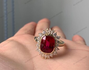 Anello di fidanzamento con rubino rosso taglio cuscino, alone multi-moissanite, anello per anniversario in oro