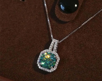 Rainbow Moissanite Necklace, 2 Carat Round Cut, Sterling Silver,Blue Green Moissanite necklace