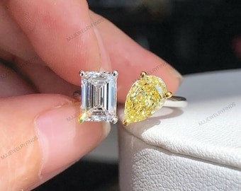 Toi et Moi Moissanite Ring Yellow Pear Shaped Moissanite Ring ,colored moissanite pinky ring,yellow moissanite diamond engagement ring,