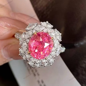 Anello con alone di spinello rosa taglio ovale*Anello vintage con spinello a grappolo*Anelli di spinello per donna*Anello di fidanzamento con spinello*Gioielli in spinello rosa