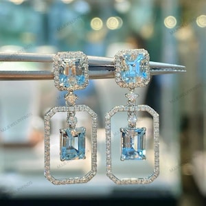 Pendientes de aguamarina auténtica y limpia de Loup - Pendientes colgantes para ella - Plata de ley 925 - Pendientes de dama de honor - Pendientes con piedra de nacimiento de marzo