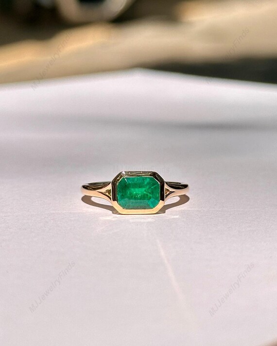 Emerald Cut Lab Emerald Ring, Gold Bezel Sterling Silver