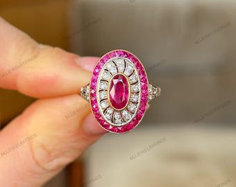 Art Deco Oval Ruby Ring, Moissanite Halo, 14k Gold