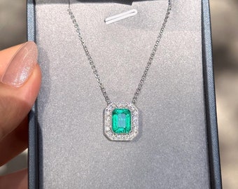 Grüne (Mai-Geburtstags-)Smaragd- und Diamant-Halskette aus sterilem 925er-Silber für Damen und Mädchen/Brautanhänger/handgefertigter Anhänger/Jubiläumsgeschenk
