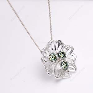 Moissanite pendent*Blue Green Moissanite Necklace*Flower inspired Pendant*Bridal necklace*Engagement Wedding Jewelry For Her
