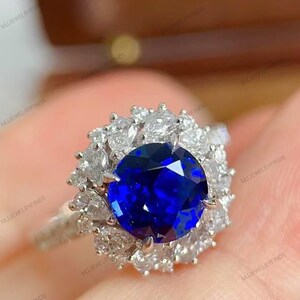 royal blue sapphire diamond halo ring*Halo Sapphire Ring,Genuine Lab Grown Royal Blue Sapphire Engagement Ring,September Birthstone Gift