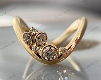 Deep curved cluster Mixed Shape Bezel Moissanite Stacking Band Engagement Ring,Stackable Unique Low Profile Wedding Band