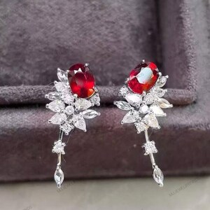 Oval cut RED SPINEL with Diamond Accents Women Earrings 925 Sterling Silver*Red colored Stone earring*Dangle & Drop Earrings*Clip-on Earring