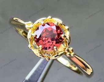 Anillo vintage de espinela roja, anillo de promesa de oro amarillo