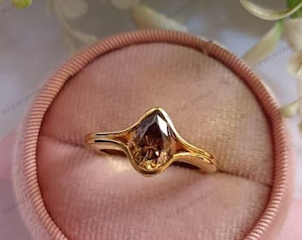 Champagne Pear Moissanite Engagement Ring: Gold Bezel Setting