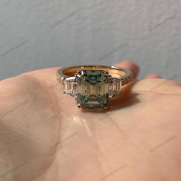 Emerald Cut Blue Green Moissanite Engagement Ring, Tapered Baguette Ring